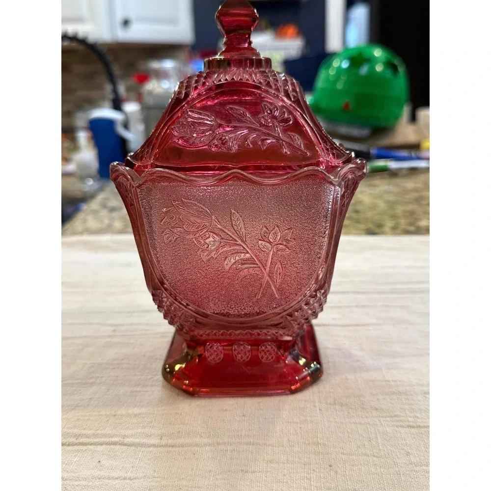 Vintage Ruby Red Glass Candy Dish with Lid Floral Rose Pattern Footed Square 7in